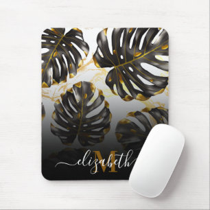 Black and Golden Tropical Leaves Mouse Pad