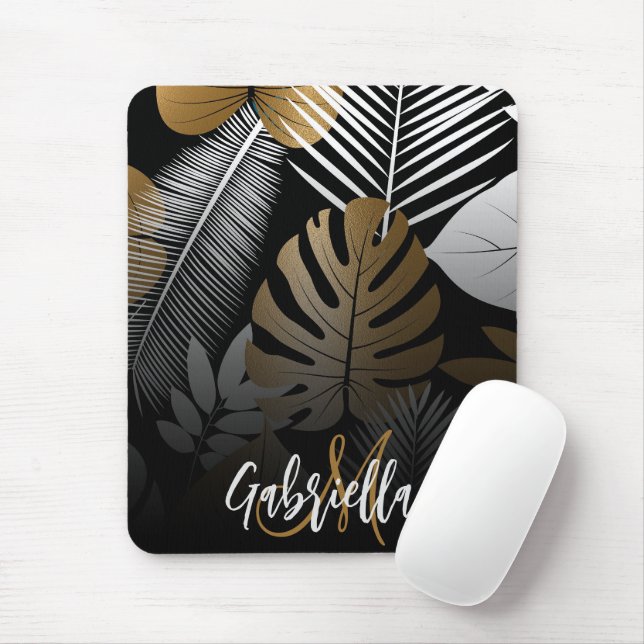 Black and Golden Tropical Leaves Mouse Pad (With Mouse)