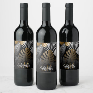 Black and Golden Tropical Leaves Wine Label