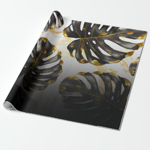 Black and Golden Tropical Leaves Wrapping Paper