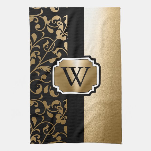 Black and Golden Vintage Floral Tea Towel (Vertical)