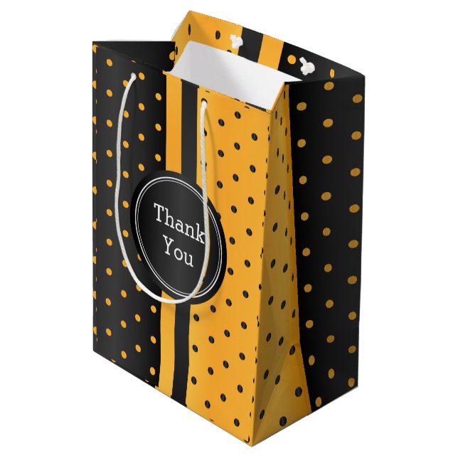 Black and Golden Yellow Polka Dot -Thank You Medium Gift Bag (Back Angled)