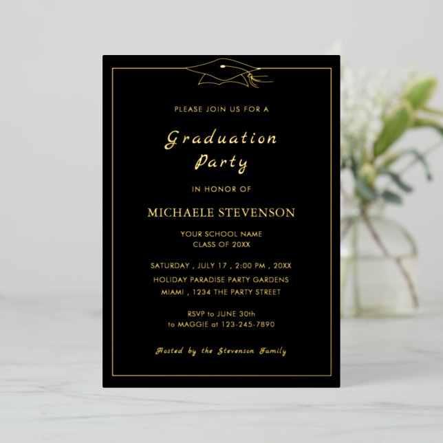 Black and Gols Foil Graduation Invitation Template (Standing Front)