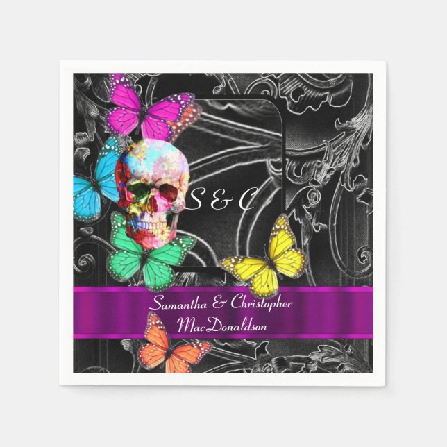 Black and gothic sugar skull wedding napkin (Front)