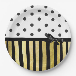 Black and Gpld Polka Dot Striped Paper Plate