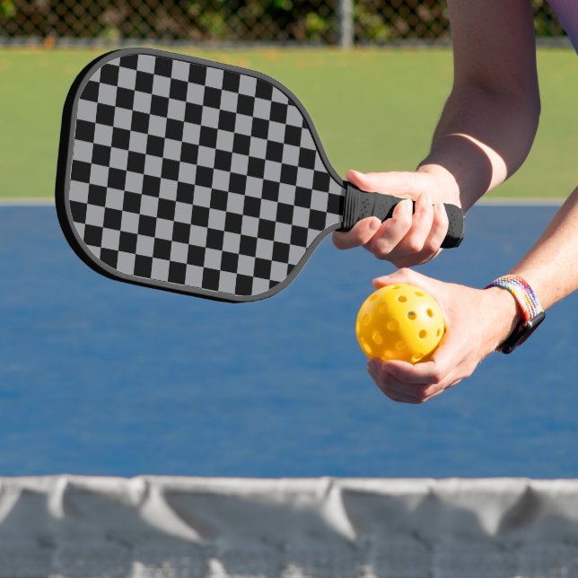 Black and Gray Checkered Print Pickleball Paddle (Insitu)