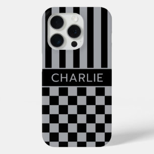 Black and Gray Checkered Striped Personalized iPhone 15 Pro Case