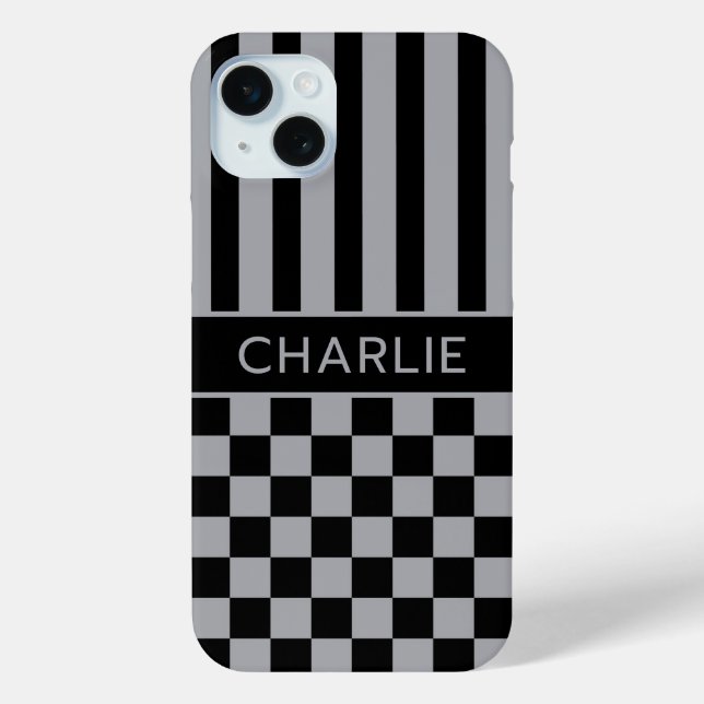 Black and Gray Checkered Striped Personalized Case-Mate iPhone Case (Back)