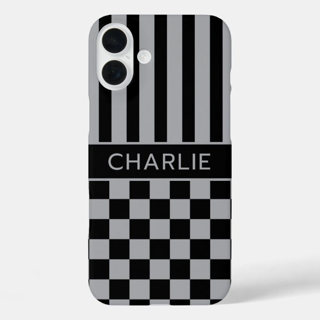 Black and Gray Checkered Striped Personalized Case-Mate iPhone Case (Back)