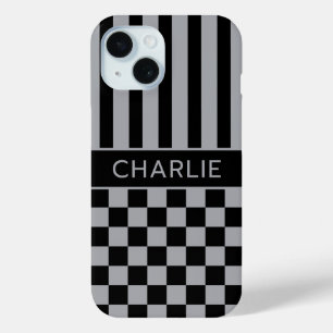Black and Gray Checkered Striped Personalized iPhone 15 Case