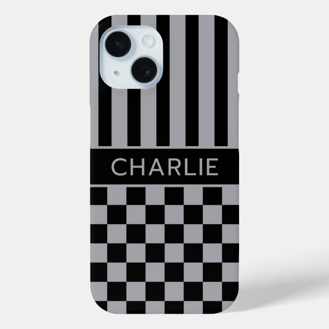 Black and Gray Checkered Striped Personalized Case-Mate iPhone Case (Back)