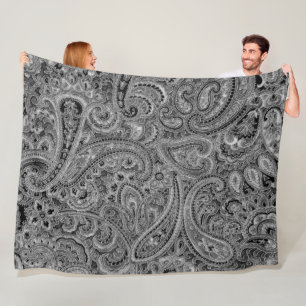 Black and Gray Floral Paisley Pattern Fleece Blanket