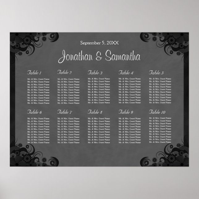 Black and Gray Goth Wedding 10 Table Seating Chart (Front)