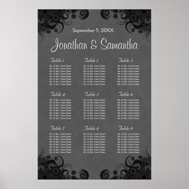 Black and Gray Goth Wedding 9 Tables Seating Chart (Front)