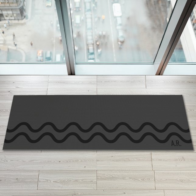Black And Gray Modern Wavy Lines With Initials Yoga Mat (Disclaimer: This image is a digital mockup.)
