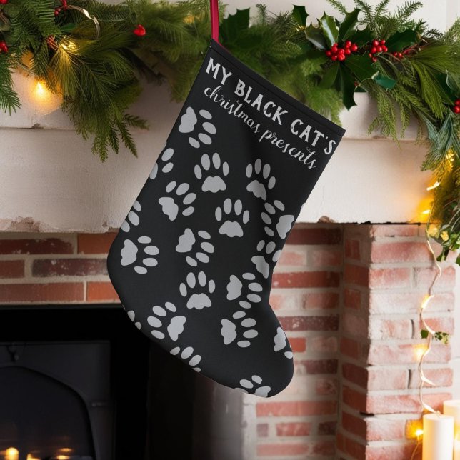 Black and Gray Paw Print Pet Christmas Stocking (Just add your black cat's name)