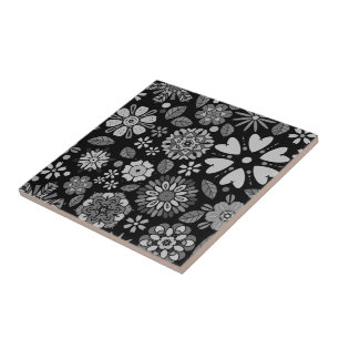 Black And Gray Retro Floral Art Seamless Pattern Ceramic Tile