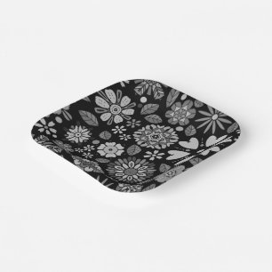Black And Gray Retro Floral Art Seamless Pattern Paper Plate