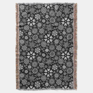 Black And Gray Retro Floral Art Seamless Pattern Throw Blanket
