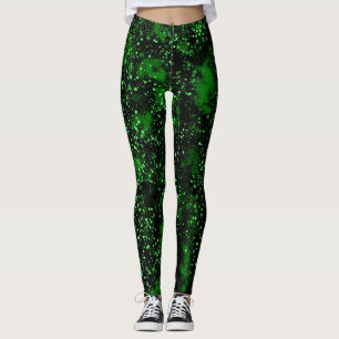 Black and Green Abstract Splatter Paint Leggings