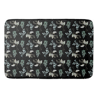 Black and Green Botanical Leaves  Bath Mat