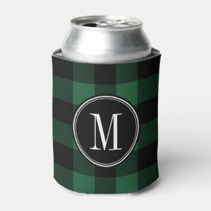Black and Green Buffalo Check Monogram Can Cooler