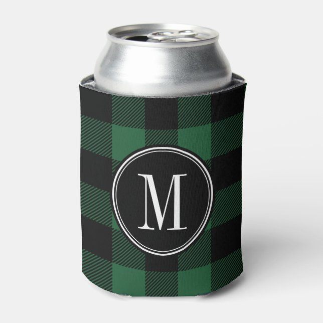 Black and Green Buffalo Check Monogram Can Cooler (Can Front)
