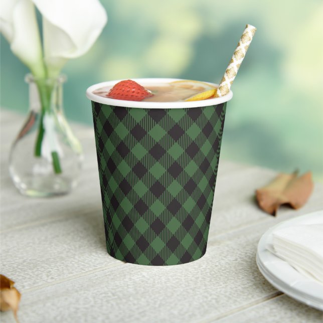 Black and Green Buffalo Plaid Christmas Party Paper Cups (Insitu)