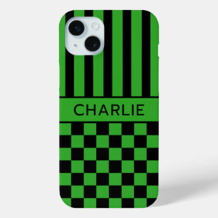 Black and Green Chequered Striped Personalised iPhone 15 Mini Case