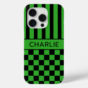 Black and Green Chequered Striped Personalised iPhone 15 Pro Case
