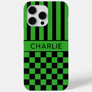 Black and Green Chequered Striped Personalised iPhone 15 Pro Max Case