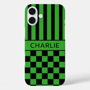 Black and Green Chequered Striped Personalised iPhone 16 Plus Case
