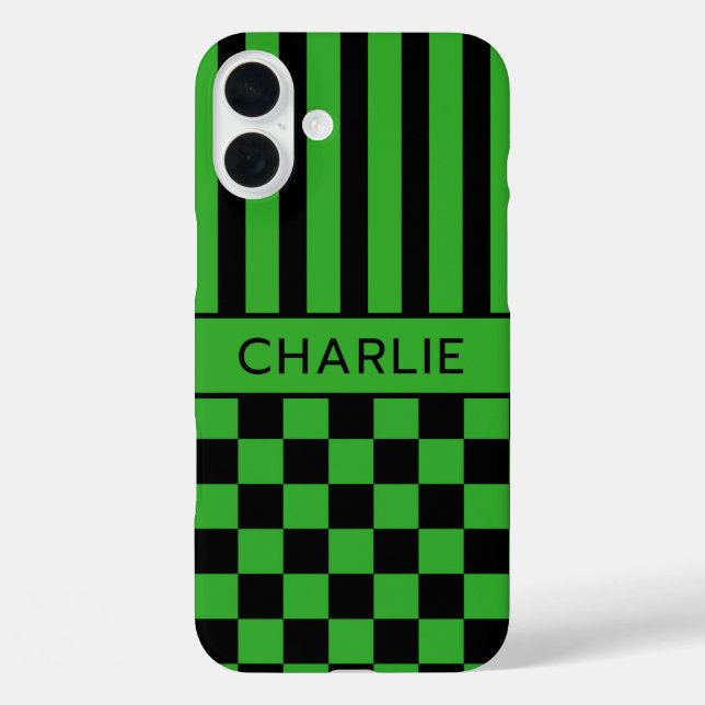 Black and Green Chequered Striped Personalised Case-Mate iPhone Case (Back)