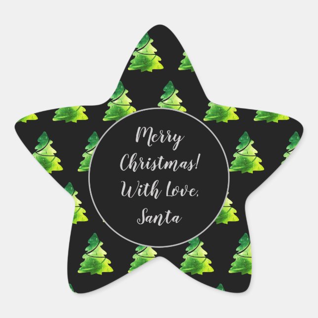Black and Green Christmas Tree Pattern Modern Star Sticker (Front)