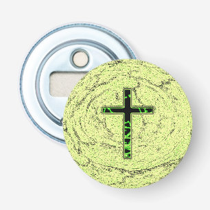 BLACK AND GREEN CROSS WITH MARBLE BACKGROUND BOTTLE OPENER