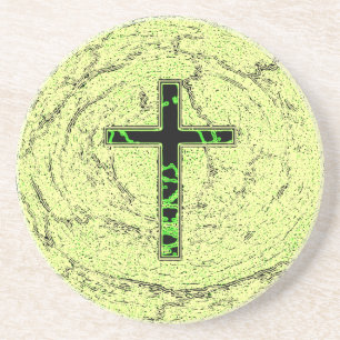 BLACK AND GREEN CROSS WITH MARBLE BACKGROUND COASTER