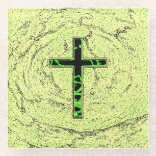 BLACK AND GREEN CROSS WITH MARBLE BACKGROUND GLASS COASTER