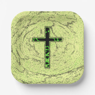 BLACK AND GREEN CROSS WITH MARBLE BACKGROUND PAPER PLATE