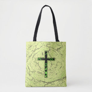 BLACK AND GREEN CROSS WITH MARBLE BACKGROUND TOTE BAG