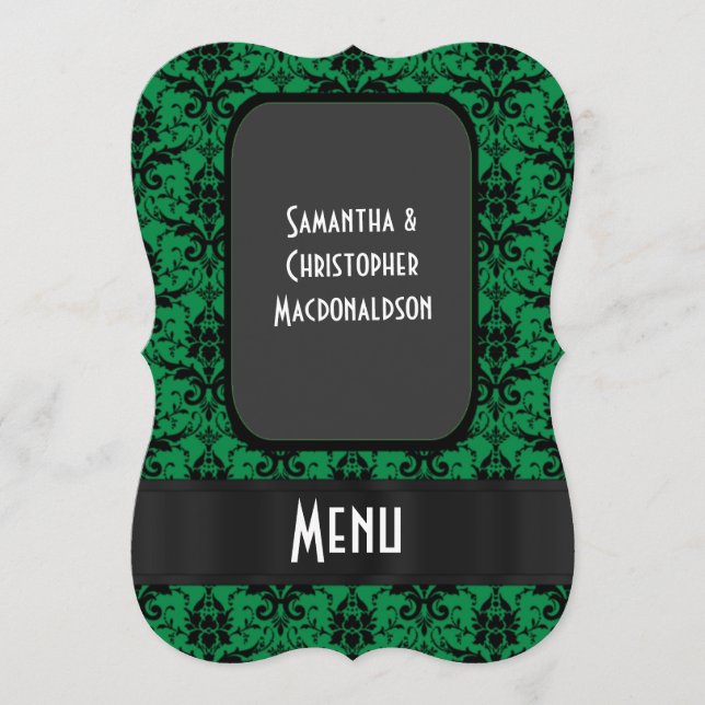 Black and green damask formal wedding menu (Front)