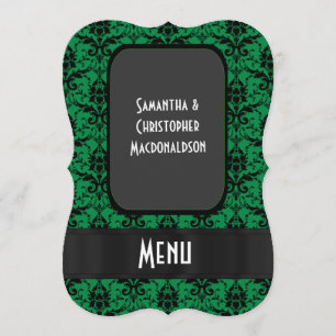 Black and green damask formal wedding menu