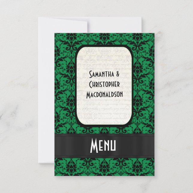 Black and green damask formal wedding menu invitation (Front)