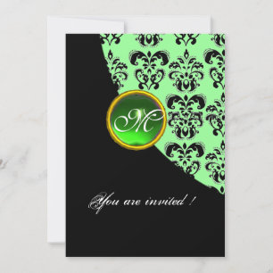 BLACK AND GREEN DAMASK MONOGRAM,emerald Invitation