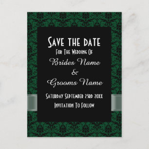 Black and green damask save the date announcement postcard