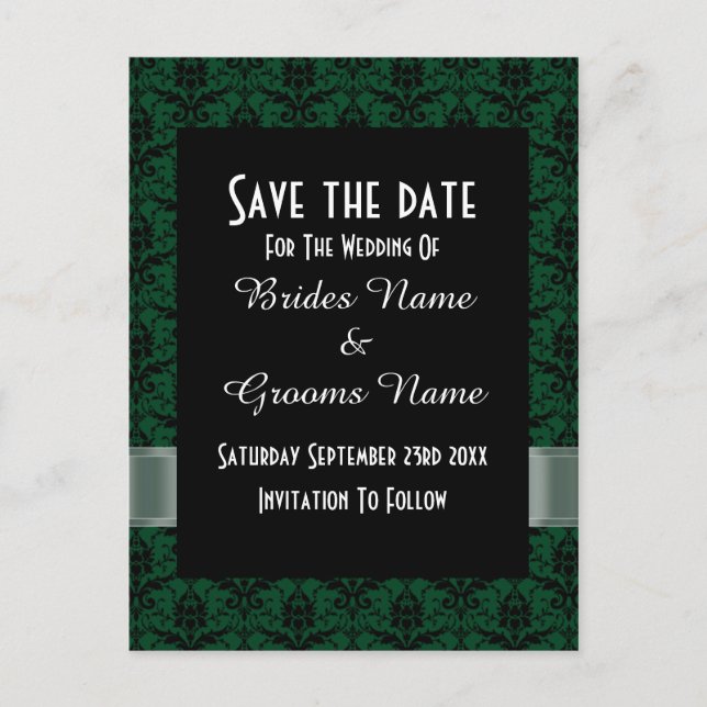 Black and green damask save the date announcement postcard (Front)
