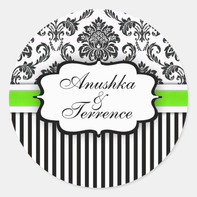 Black and Green Damask Stripe Wedding Sticker (Front)
