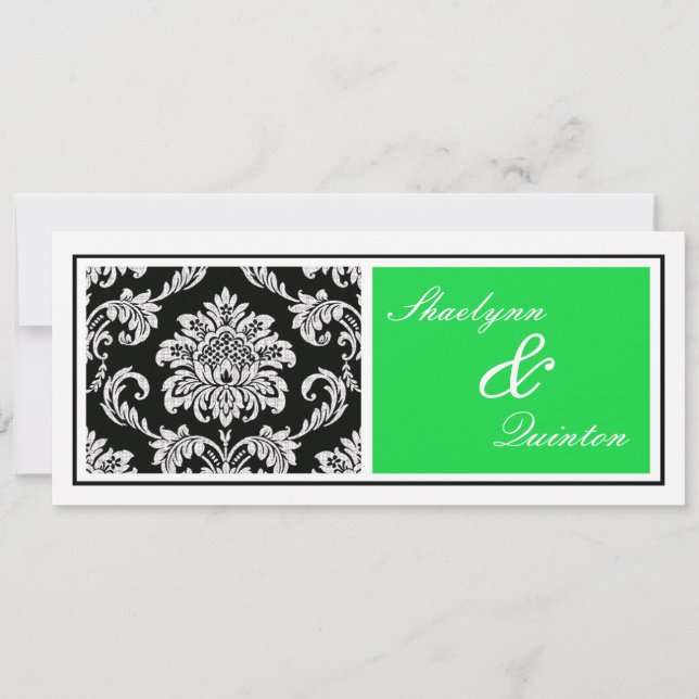 Black and Green Damask Wedding Invitation (Front)
