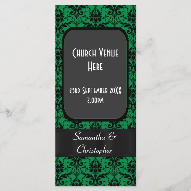 Black and green damask wedding program (Front)