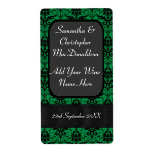 Black and green damask wedding wine bottle