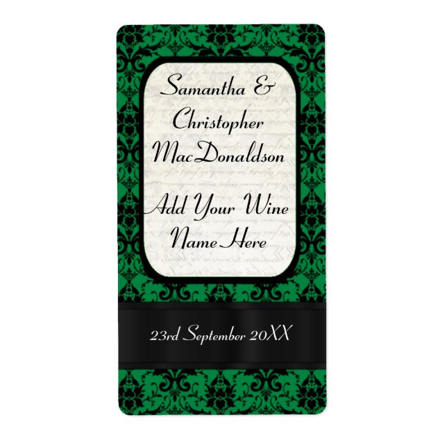 Black and green damask wedding wine bottle (Front)